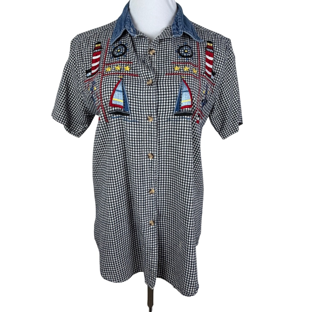 Bobbie Brooks Women's Medium Navy Gingham Nautical Embroidered Denim Collar Top